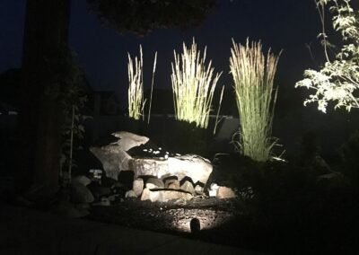 light shining on rock garden at night