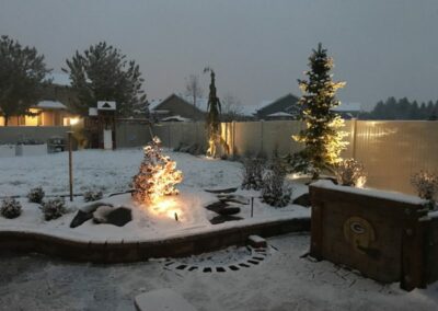 Snow covered yard with night time lighting