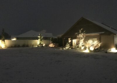 Snow covered lawn with night time lighting