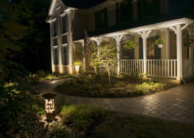 Front patio with night time lighting